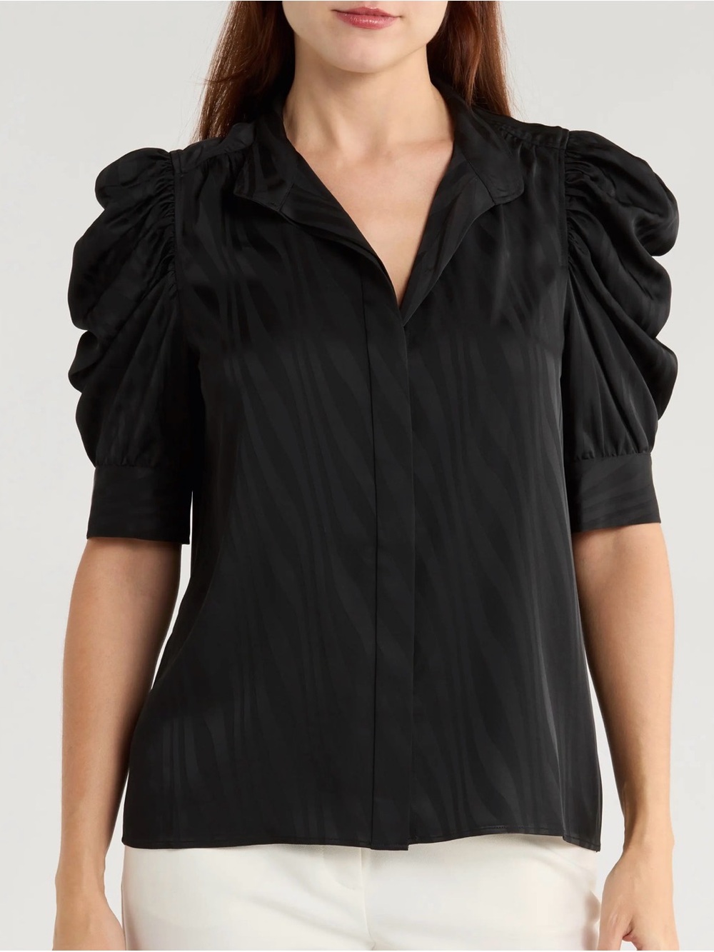 Frame Denim Black Textured Puff-Sleeve Blouse
